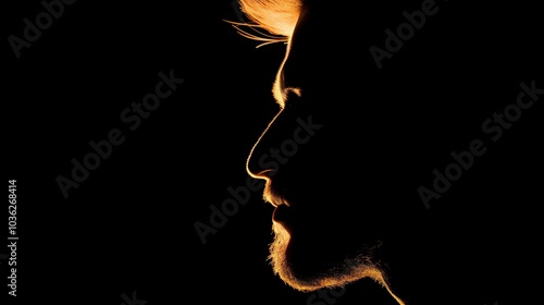 A striking lowkey portrait highlighting the contours of a male face against a  black backdrop, creating a dramatic effect. photo