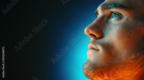 A striking portrait of a young man, captured in profile against a deep black background, highlighting his features. photo