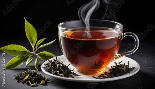 A steaming cup of tea with loose leaves and green tea leaves.