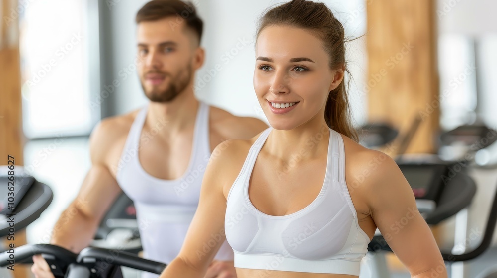 A fit couple engages in an exhilarating spin class, pedaling hard and enjoying the rhythm of the highenergy workout. A fit couple engages in an exhilarating spin class, pedaling hard and enjoying the rhythm of the highenergy workout.
