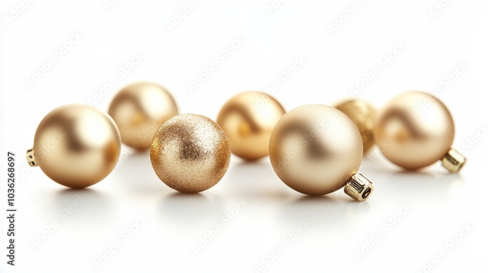 A few glittering golden baubles, some with smooth surfaces and others with a matte finish, isolated on a white background, with subtle reflections and shadows. A few glittering golden baubles, some with smooth surfaces and others with a matte finish, isolated on a white background, with subtle reflections and shadows.