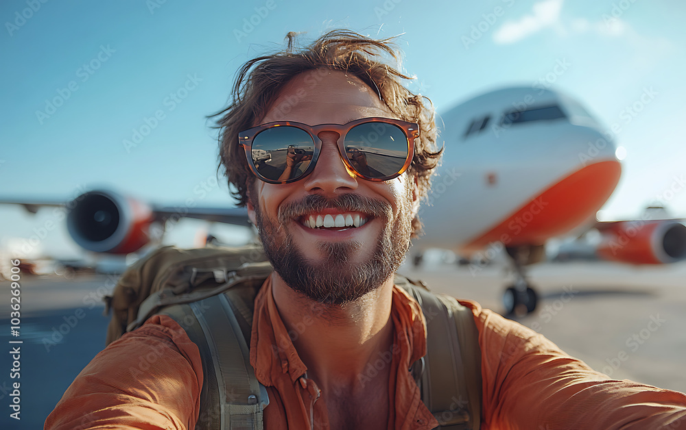 Young Man's Joyful Airplane Selfie on Vacation Young Man's Joyful Airplane Selfie on Vacation