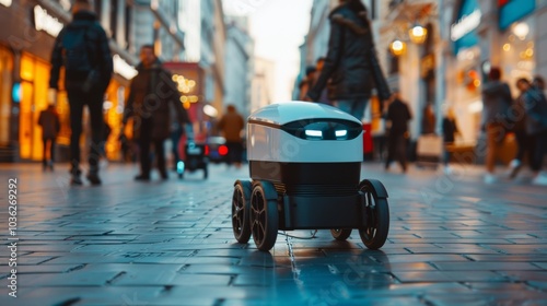 A futuristic autonomous delivery robot navigating through a busy city sidewalk, with pedestrians and urban architecture visible, Technological setting with robotic logistics