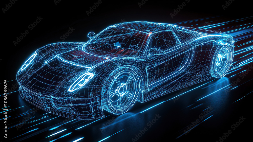 This is a wire-frame hologram of a car with blue light flashing on a black background This is a wire-frame hologram of a car with blue light flashing on a black background