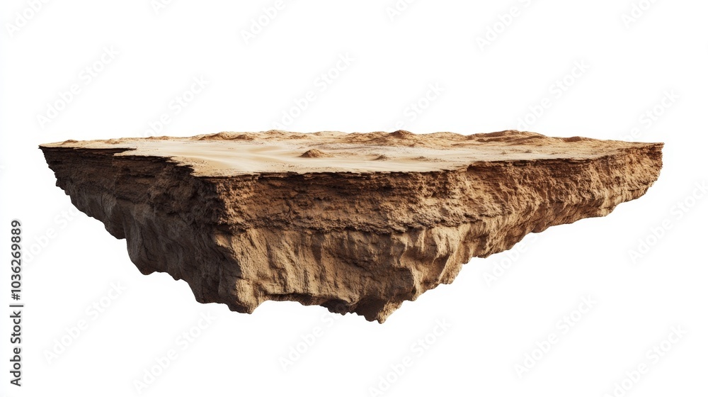 A floating chunk of desert ground with a road cutting through the sandy terrain, the edges of the ground exposed to reveal layers of earth, all isolated against a clean white background. A floating chunk of desert ground with a road cutting through the sandy terrain, the edges of the ground exposed to reveal layers of earth, all isolated against a clean white background.