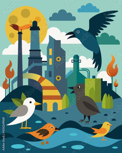 Birds and other animals in the area have begun to show signs of illness due to the toxins in the air and water from the nearby factories.. Vector illustration