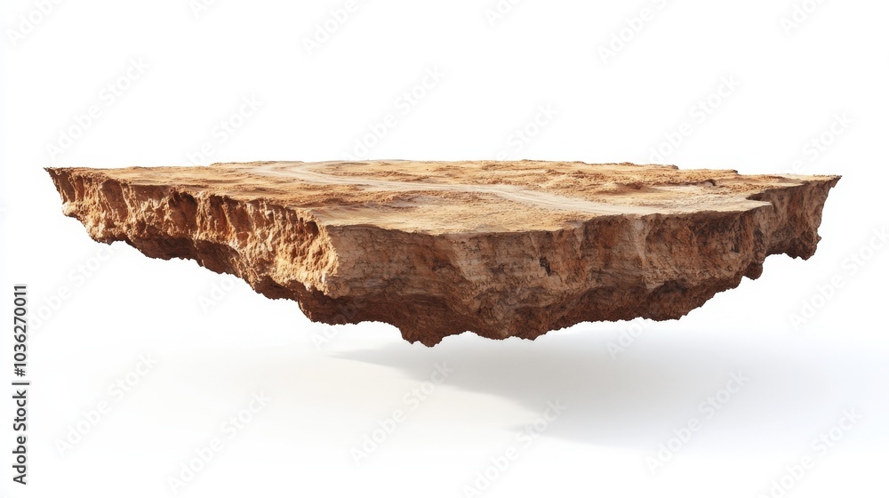 Fototapeta premium A floating chunk of desert ground with a road cutting through the sandy terrain, the edges of the ground exposed to reveal layers of earth, all isolated against a clean white background.