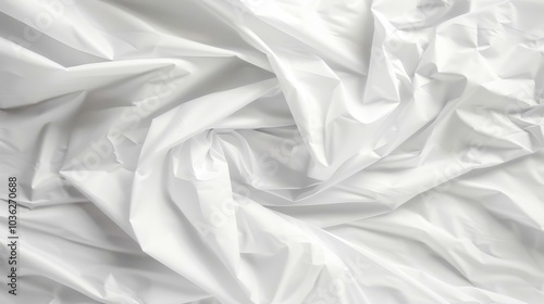 Crumpled white plastic wrap creates an intriguing texture, showcasing light and shadow interplay on its surface.