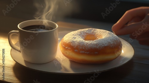 A cup of coffee steaming with a powdered sugar donut on a white plate.