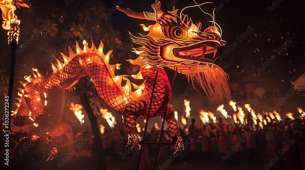 Obraz premium A mesmerizing night scene showcasing a vibrant Chinese dragon dance performance illuminated by flickering torches creating a magical atmosphere of celebration and cultural heritage