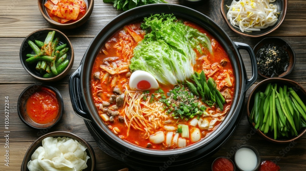 Vibrant Korean Hot Pot with Fresh Ingredients Vibrant Korean Hot Pot with Fresh Ingredients