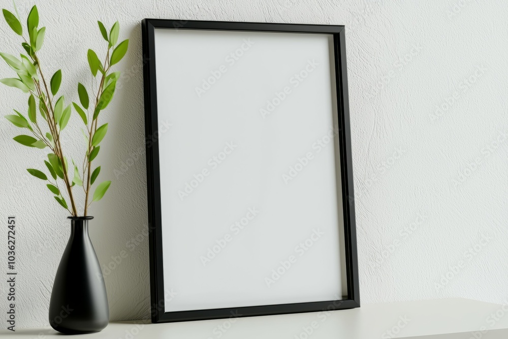 A black framed white picture sits on a shelf next to a vase of green leaves A black framed white picture sits on a shelf next to a vase of green leaves