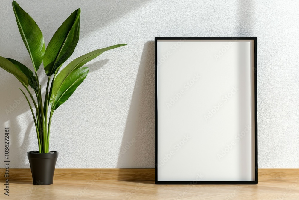 A black framed white picture sits on a wooden floor next to a potted plant A black framed white picture sits on a wooden floor next to a potted plant