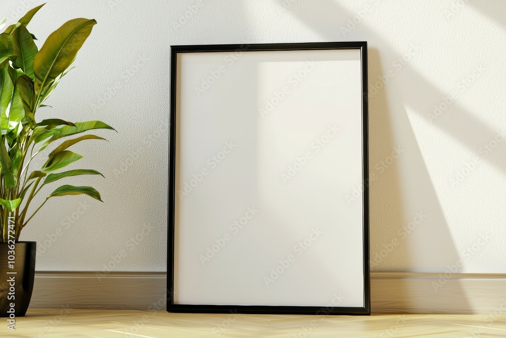 A black framed white picture sits on a wooden floor next to a potted plant A black framed white picture sits on a wooden floor next to a potted plant