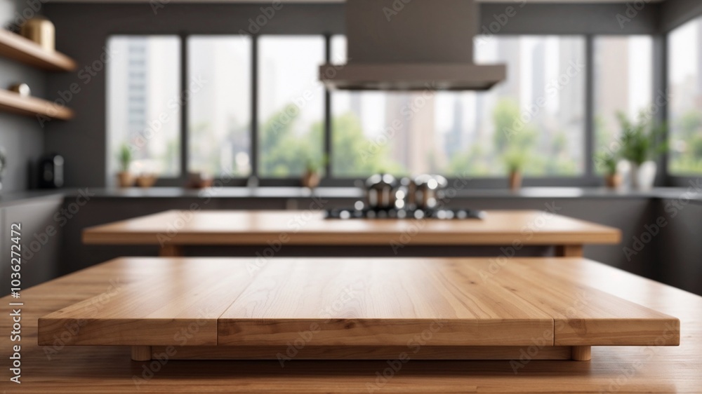 wooden dining table for food presentation in a kitchen minimalist interior design with wide window wooden dining table for food presentation in a kitchen minimalist interior design with wide window