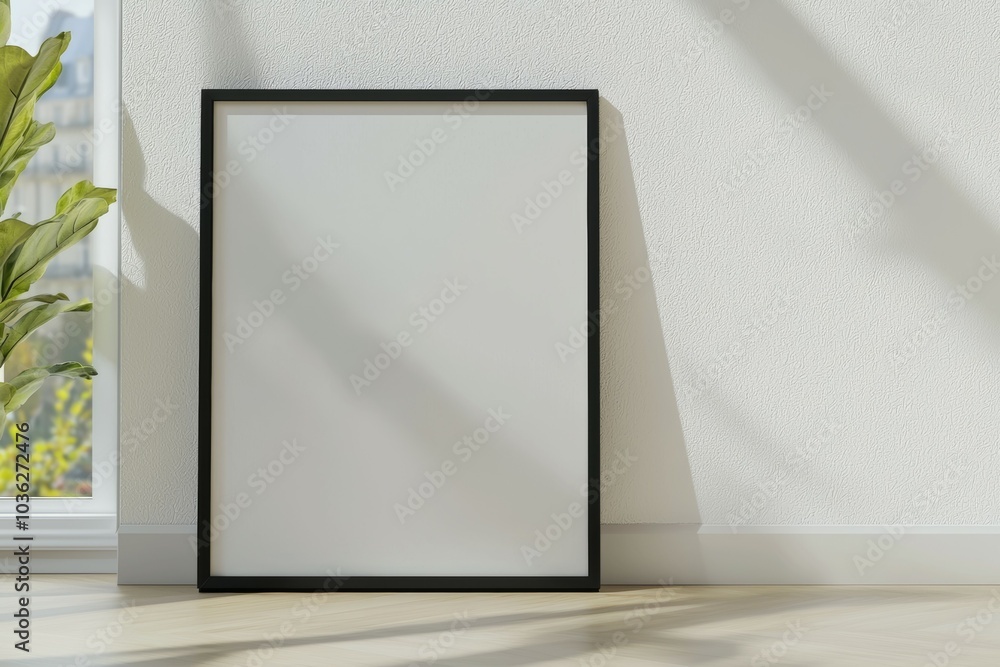 A black framed white picture sits on a white wall A black framed white picture sits on a white wall