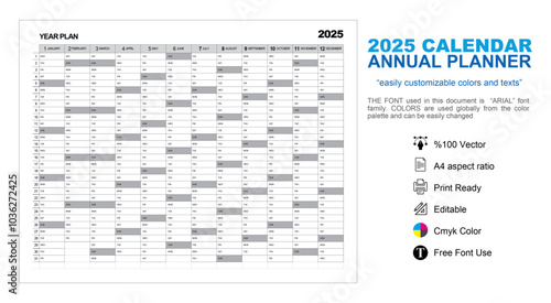 Year 2025 customizable and one-click color changeable annual planner	
