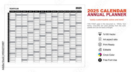 Year 2025 customizable and one-click color changeable annual planner	
