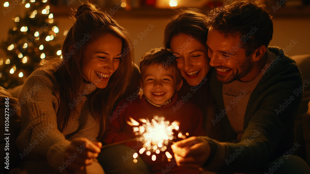 Celebrating New Year's Eve with family indoors, enjoying sparklers and holiday decorations Celebrating New Year's Eve with family indoors, enjoying sparklers and holiday decorations