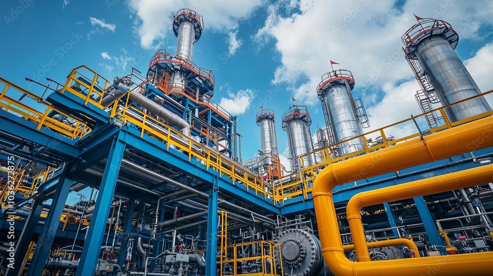 Fototapeta premium Fuel Processing Technology Natural gas processing facility, complex piping systems, clean industrial look