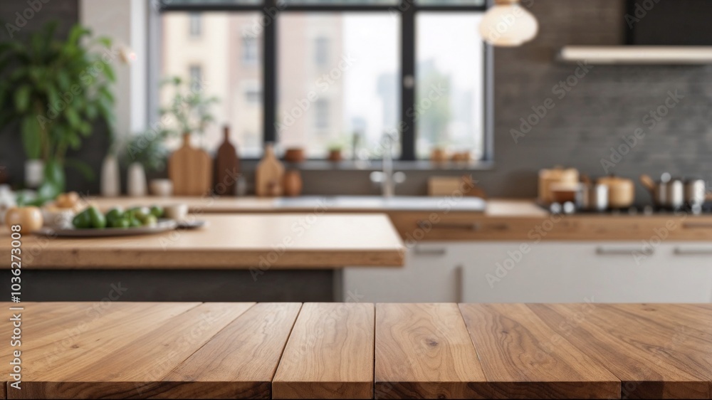 wide empty wooden dining table for food presentation in a kitchen minimalist interior design near the window wide empty wooden dining table for food presentation in a kitchen minimalist interior design near the window