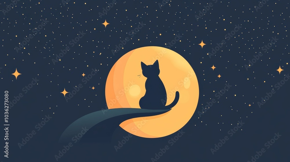 Illustration for a cat sitting on a floating moon Illustration for a cat sitting on a floating moon