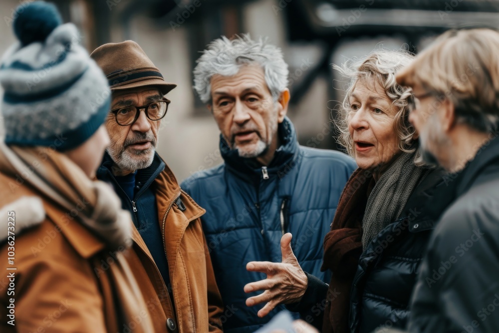 Group of senior friends talking and laughing together while walking in the street. Group of senior friends talking and laughing together while walking in the street.