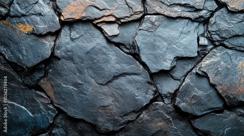 Fototapeta premium A close-up view reveals a textured slate stone wall displaying various shades of gray alongside subtle rust accents under natural light. The stones interlock beautifully, showcasing unique patterns.