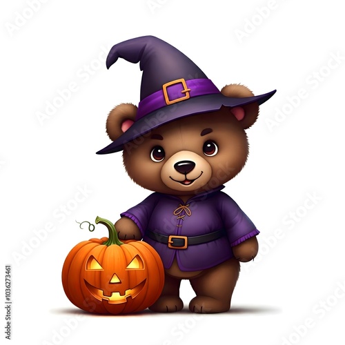 Adorable Bear Cub in Witch Costume with Halloween Pumpkin