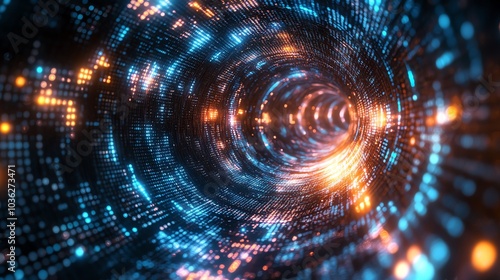 Abstract digital tunnel with glowing lights, futuristic concept, dark background.