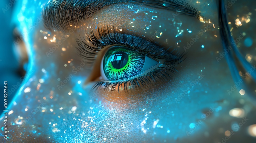 Close-up of a human eye with vibrant colors and sparkling effects. Close-up of a human eye with vibrant colors and sparkling effects.