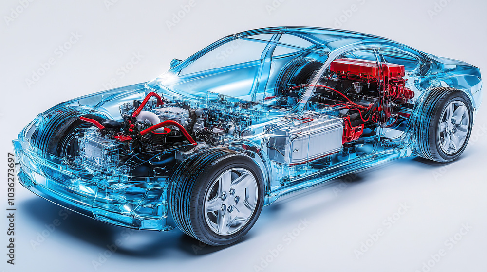 An exploded view of an electric car's engine, showing the various components such as the battery pack and motor inside its transparent shell An exploded view of an electric car's engine, showing the various components such as the battery pack and motor inside its transparent shell