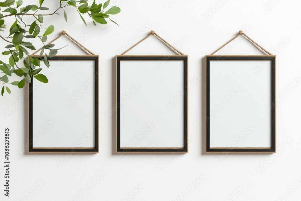 Three black and white framed pictures hanging on a white wall Three black and white framed pictures hanging on a white wall