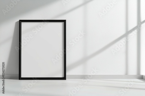 A black framed white picture sits on a white wall