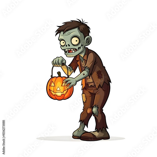 Zombie Holding Pumpkin Lantern for Halloween Spooky Vibes photo