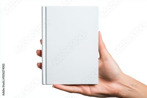 A person is holding a white book in their hand