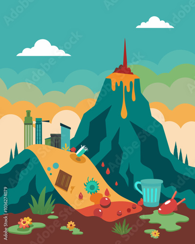 As the landfill overflowed it also exposed the dangerous chemicals and toxins that were buried within creating a hazardous environment for both people and the environment.. Vector illustration