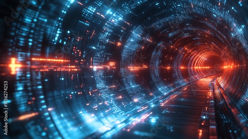 Futuristic tunnel with glowing lights and digital effects, isolated background.