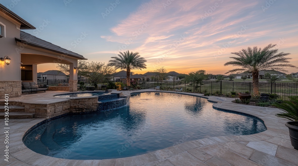 Fototapeta premium Serene Sunset Over Luxurious Backyard Pool