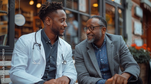 Caring Doctors Discussing Health Outside Cafe