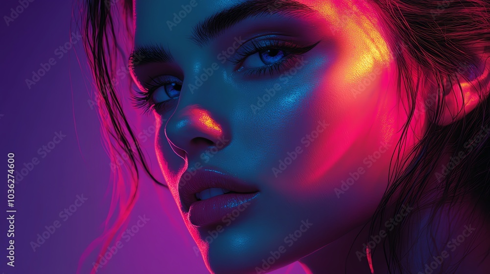 Portrait of a young woman with vibrant neon lighting and dramatic makeup. Portrait of a young woman with vibrant neon lighting and dramatic makeup.