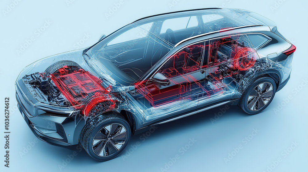 An exploded view of an electric car's engine, showing the various components such as the battery pack and motor inside its transparent shell An exploded view of an electric car's engine, showing the various components such as the battery pack and motor inside its transparent shell