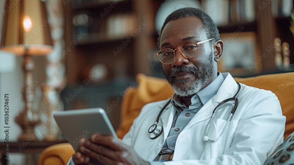 Doctor Using Tablet in Cozy Office Environment Doctor Using Tablet in Cozy Office Environment