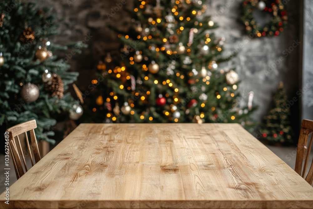 Empty table in front of christmas tree with decoration background , ai Empty table in front of christmas tree with decoration background , ai
