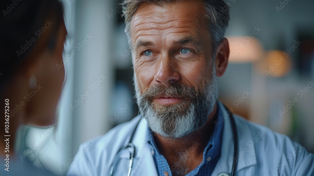 Fototapeta premium Caring Doctor Listening to Patient in Medical Office