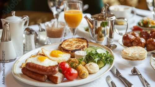 A delicious breakfast spread featuring eggs, sausages, toast, and fresh fruit.