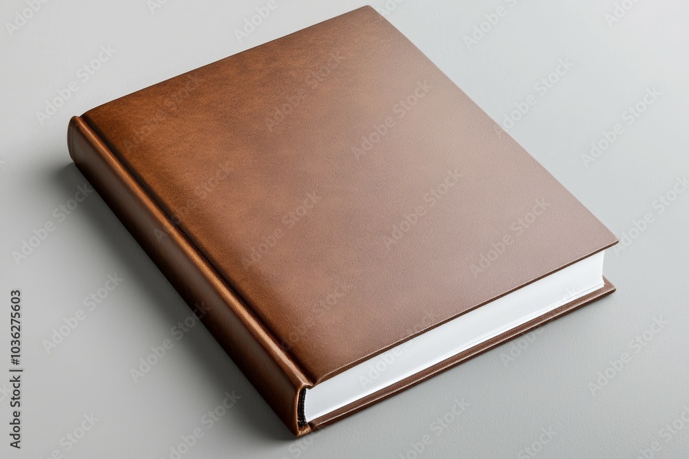 A closed brown leather-bound book resting on a smooth gray surface in natural light A closed brown leather-bound book resting on a smooth gray surface in natural light