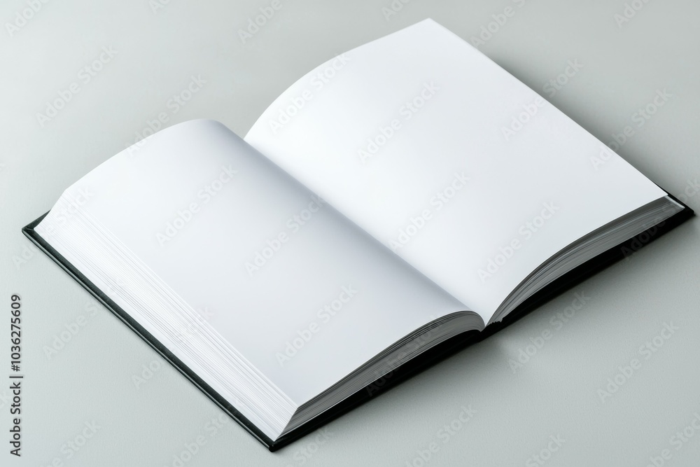 A blank open book resting on a clean surface, inviting creativity and unwritten stories in a quiet space A blank open book resting on a clean surface, inviting creativity and unwritten stories in a quiet space