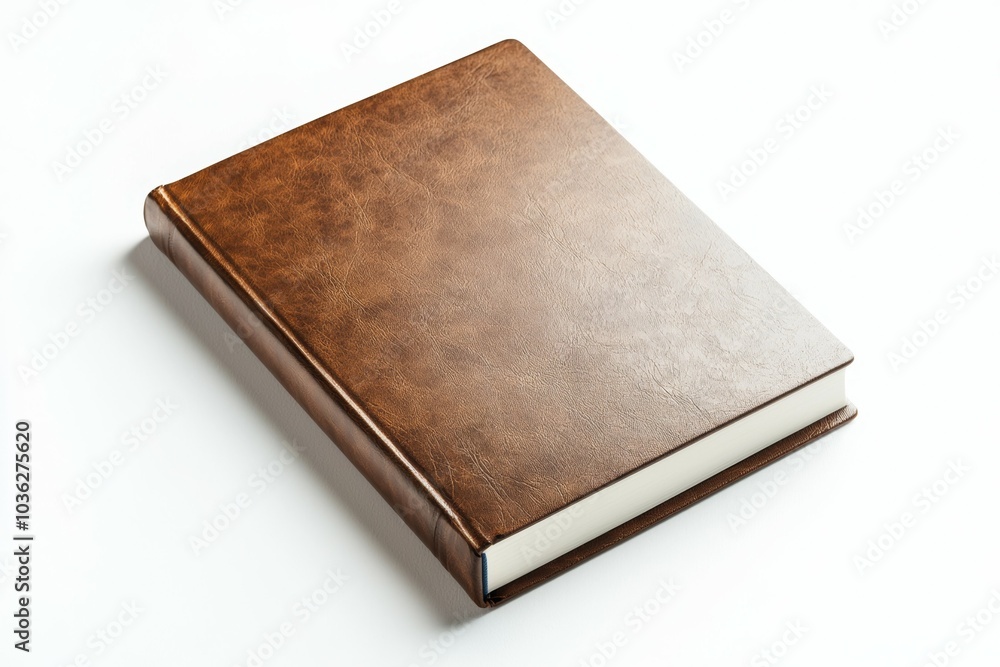 A brown leather-bound book resting on a white surface in a calm, minimalist setting A brown leather-bound book resting on a white surface in a calm, minimalist setting