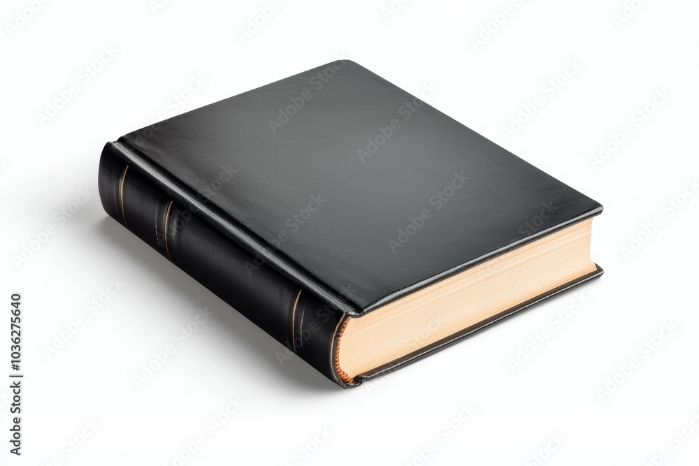 A classic black leather book resting on a white surface, showcasing elegance and simplicity A classic black leather book resting on a white surface, showcasing elegance and simplicity